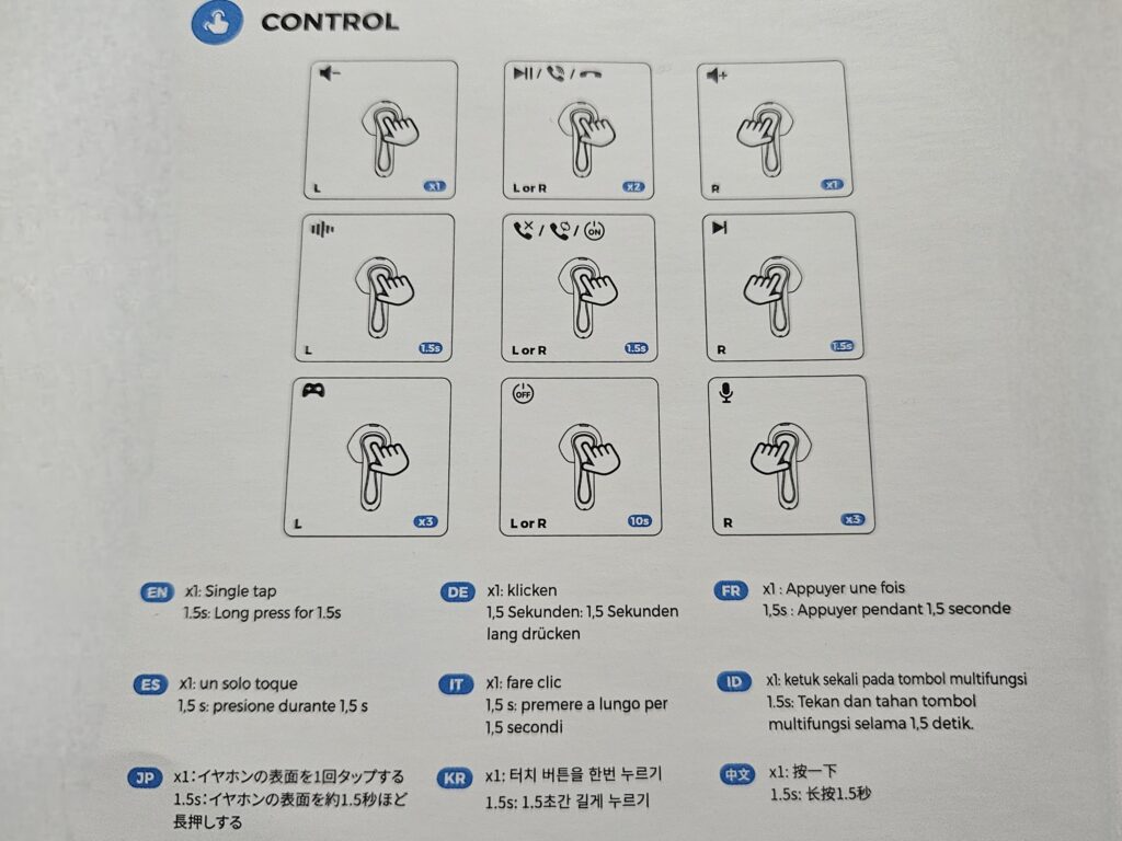 The Soundpeats Air5 touch controls