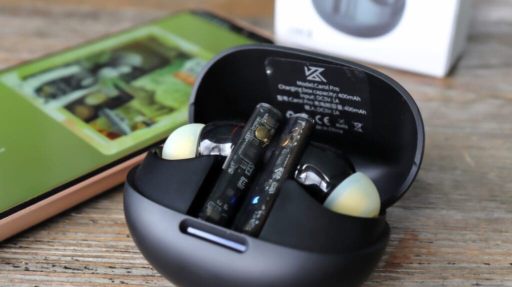 The KZ Carol Pro in its charging case