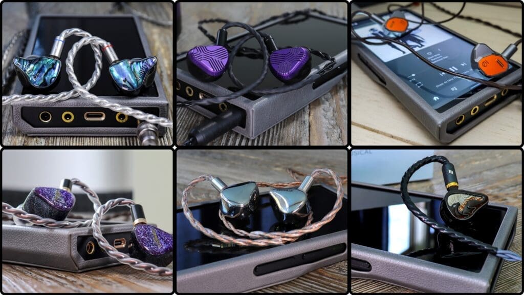 The Hiby R6 Pro II 2025 attached to many different earphones collage
